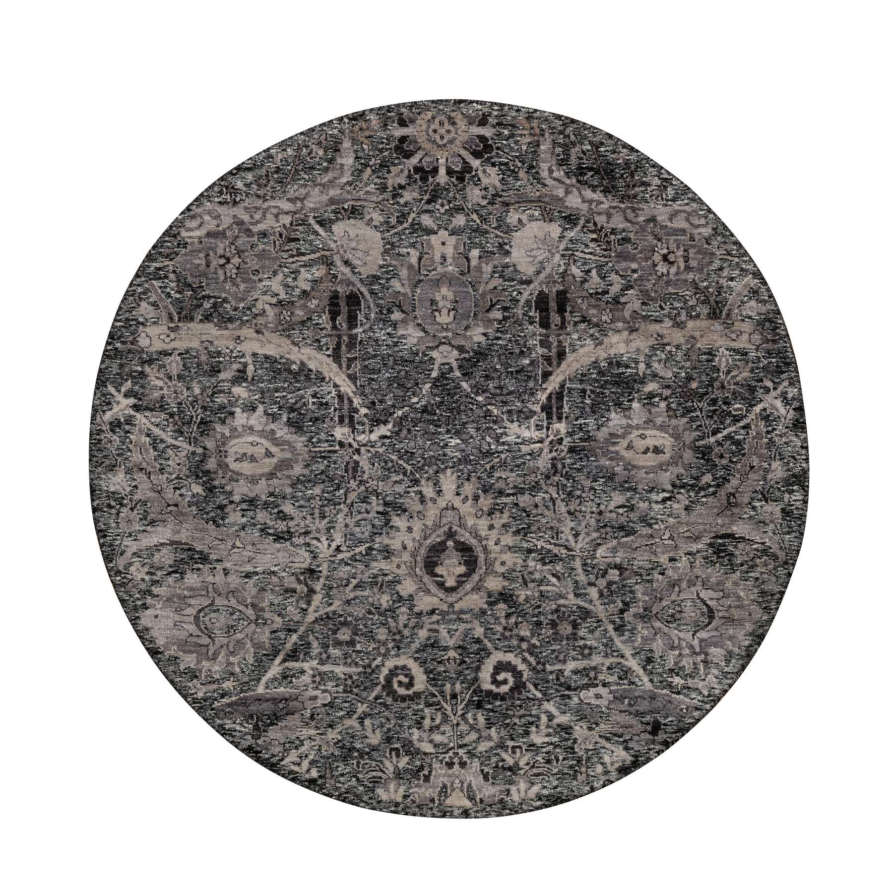 6'x6' Charcoal Black, Hand Knotted, Plush and Lush, Sickle Leaf Design, Silk with Textured Wool, Borderless, Round, Oriental Rug 